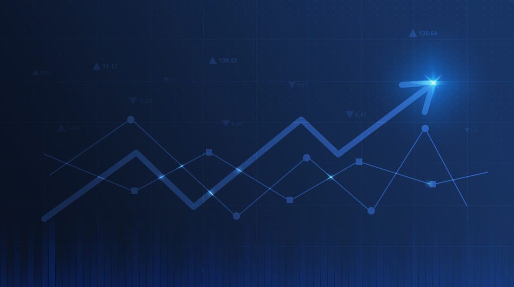 graph chart with moving up arrow stock market financial investment diagram on blue background scaled